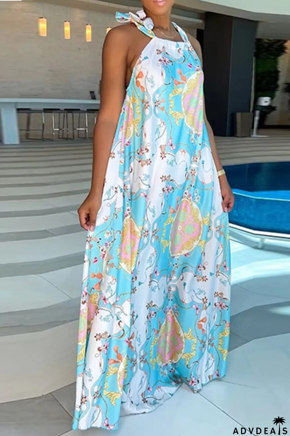 Tangerine Red Casual Print Patchwork Halter Straight Dresses