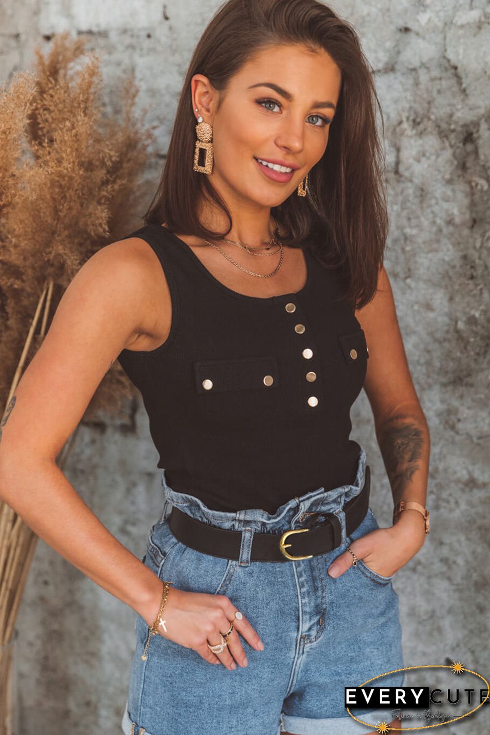 Black Buttoned Design Ribbed Knit Tank