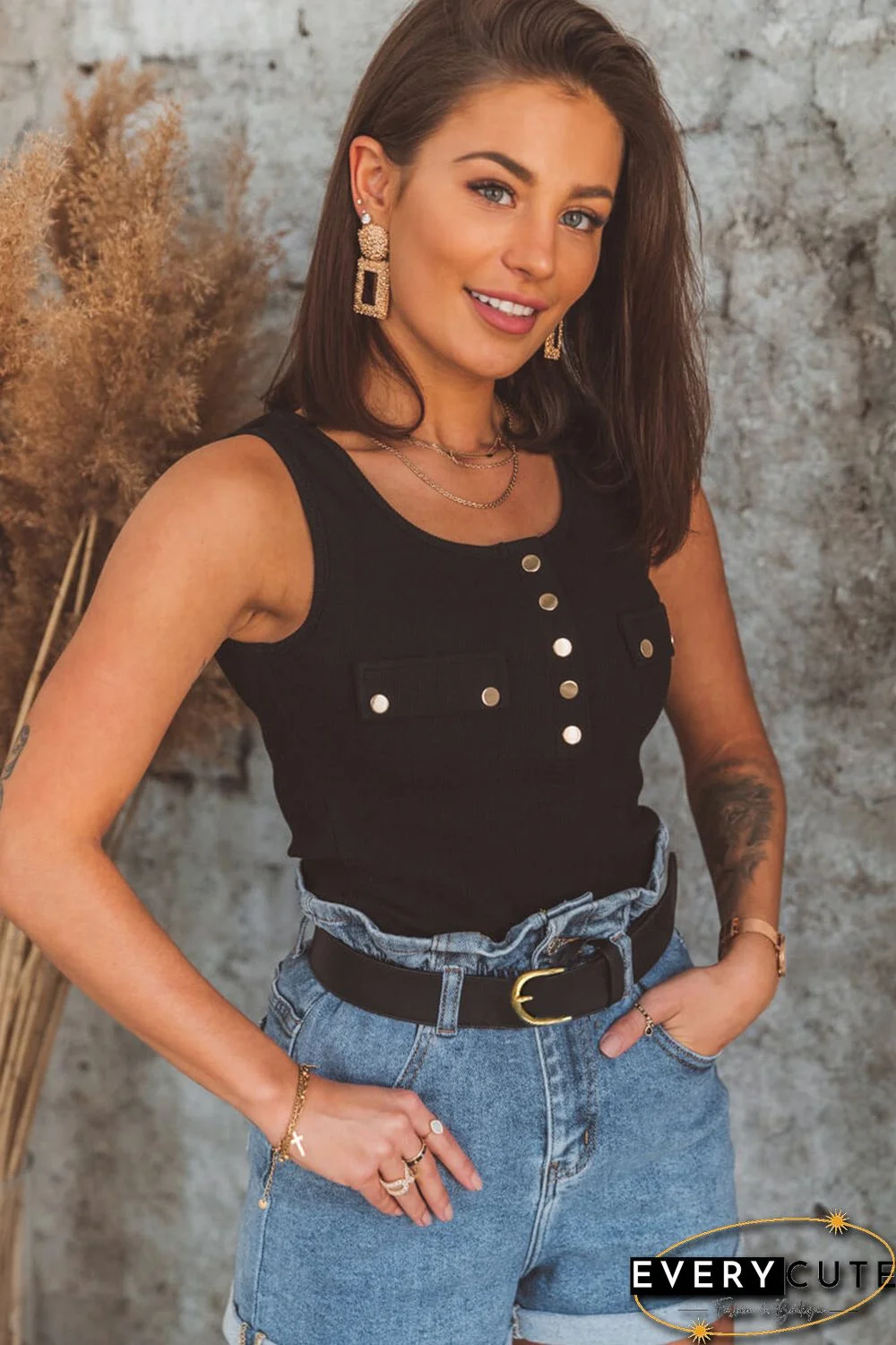 Black Buttoned Design Ribbed Knit Tank