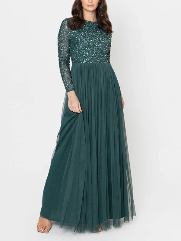 Emerald Green Embellished Long Sleeve Maxi Dress