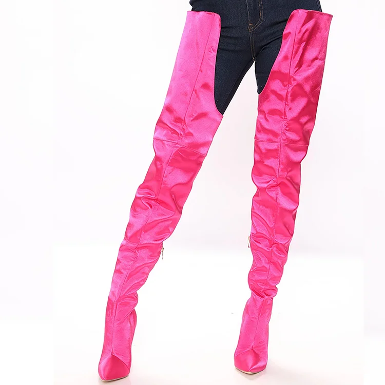 Hot Pink Stiletto Heel Pointed-Toe Thigh-High Boots with Zipper |FSJ Shoes