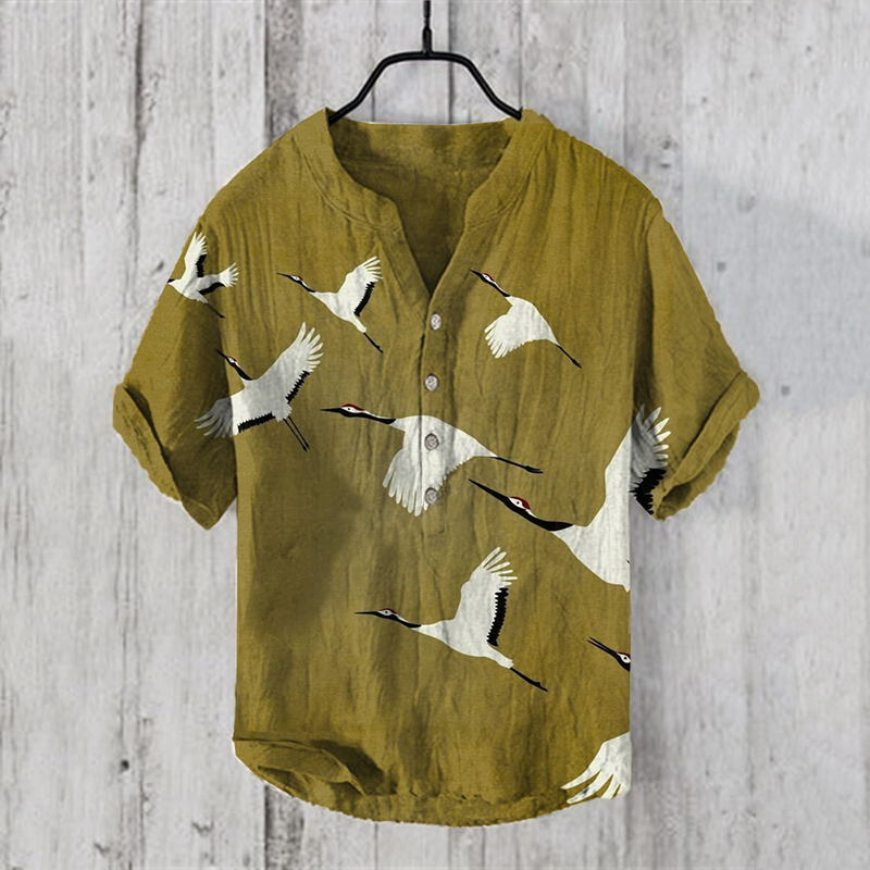 menweary Men'S Japanese Art Linen V-Neck Shirt