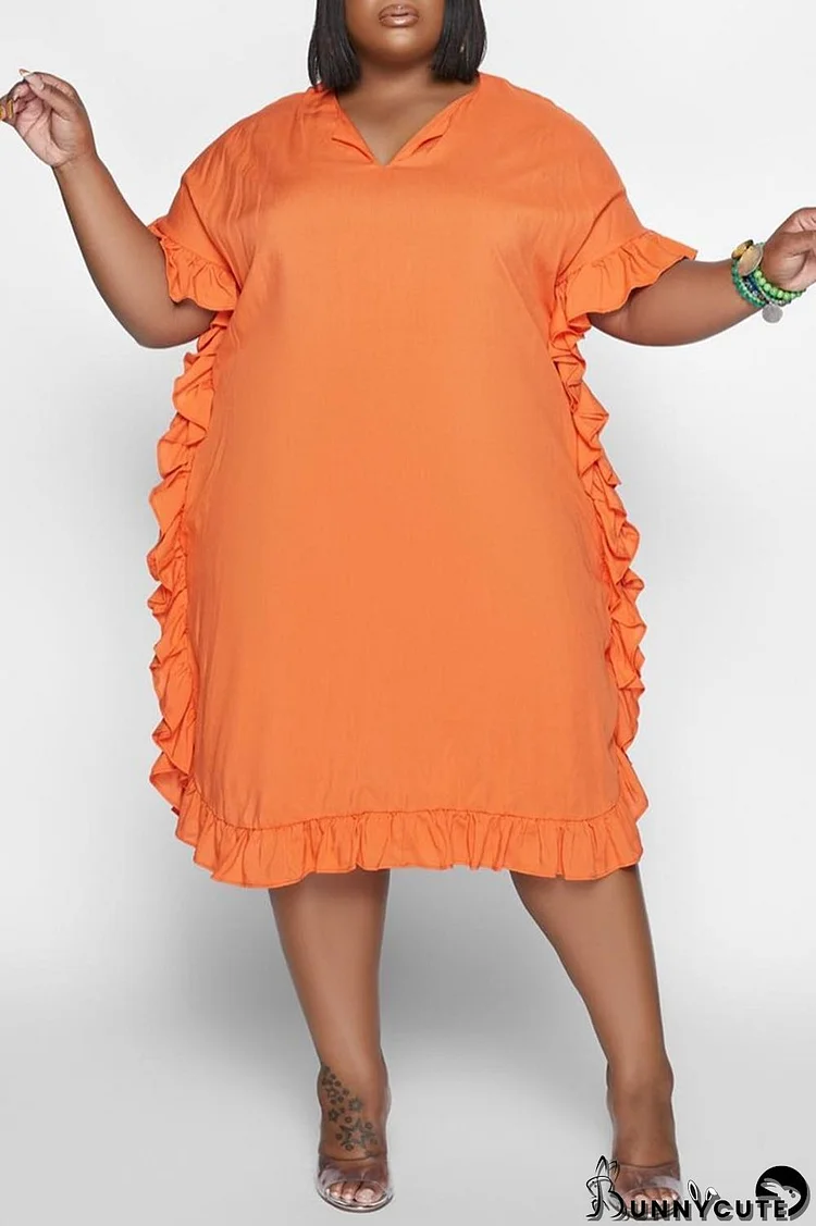 Orange Fashion Casual Solid Split Joint Basic V Neck Short Sleeve Dress Plus Size Dresses