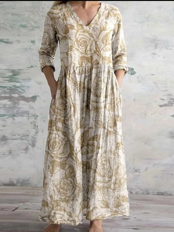 Women's 3/4 Sleeve V-neck Graphic Printed Midi Dress