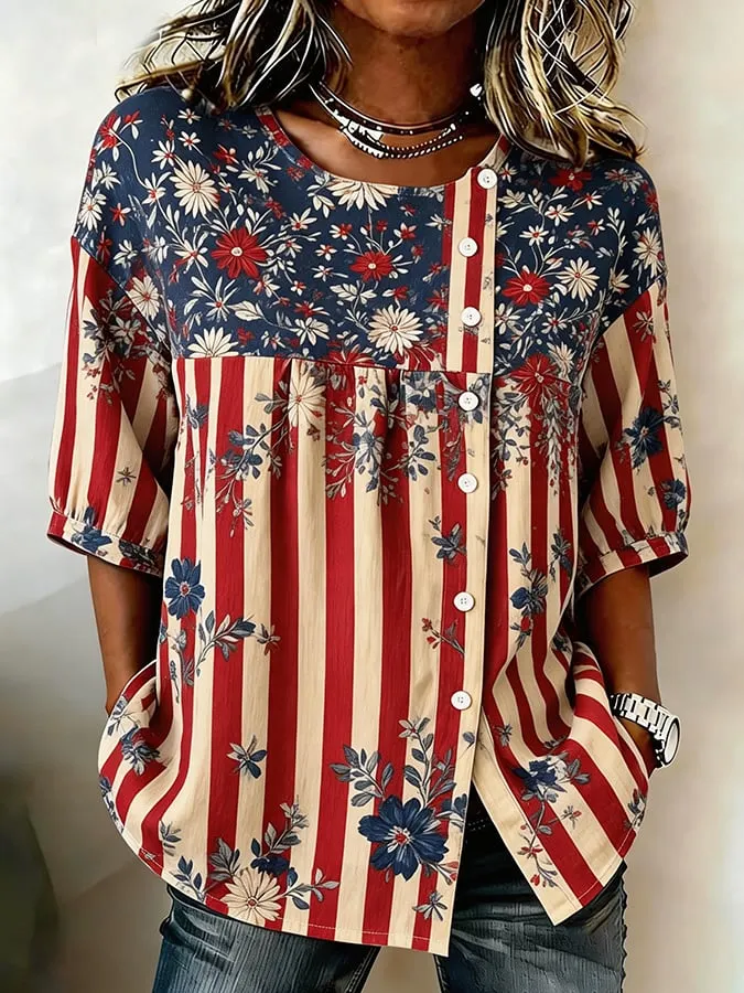 Women's Casual Patriotic Loose Cotton-Linen Top 