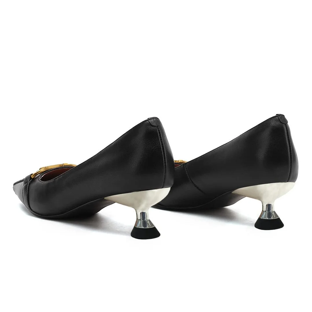 Pointed Toe Slip On Low Kitten Heel Horsebit Black Pumps for Women