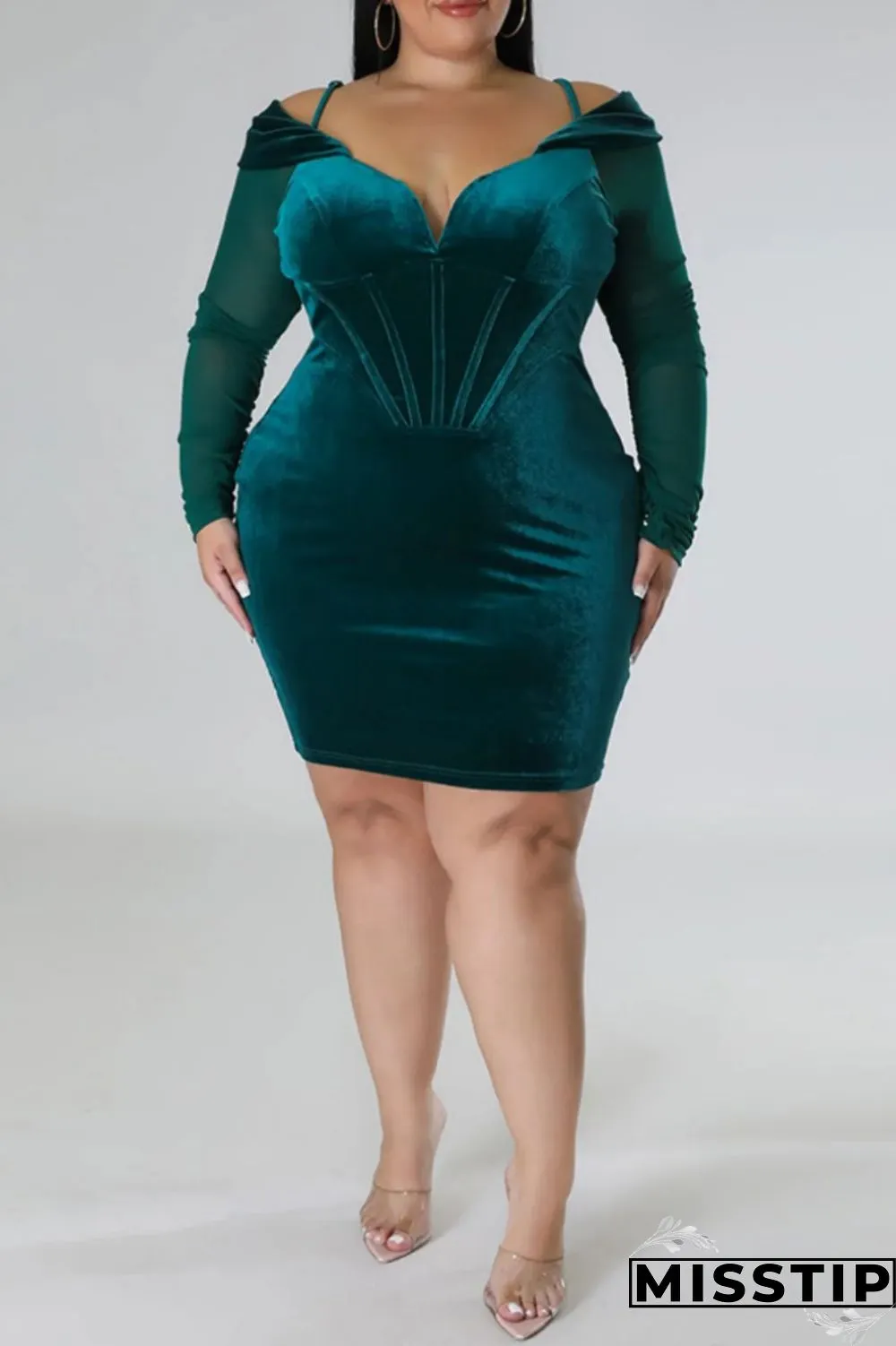 Green Sexy Casual Solid Patchwork Off the Shoulder Long Sleeve Plus Size Dresses
