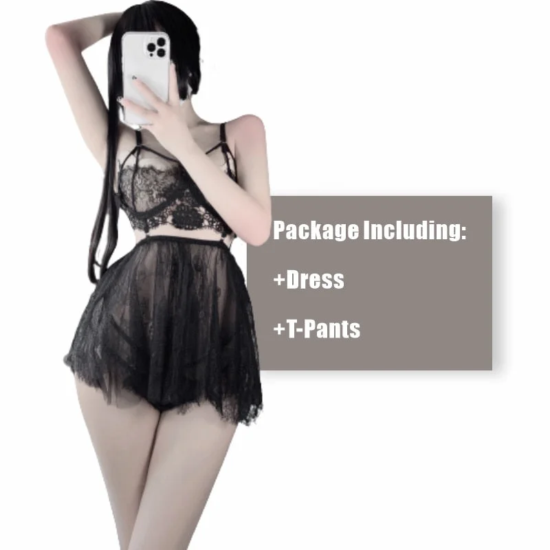 New Sexy Lingerie Female Sleepwear Winter Water Soluble Floating Flower Eyelash Lace Perspective Temptation Sling Nightgown