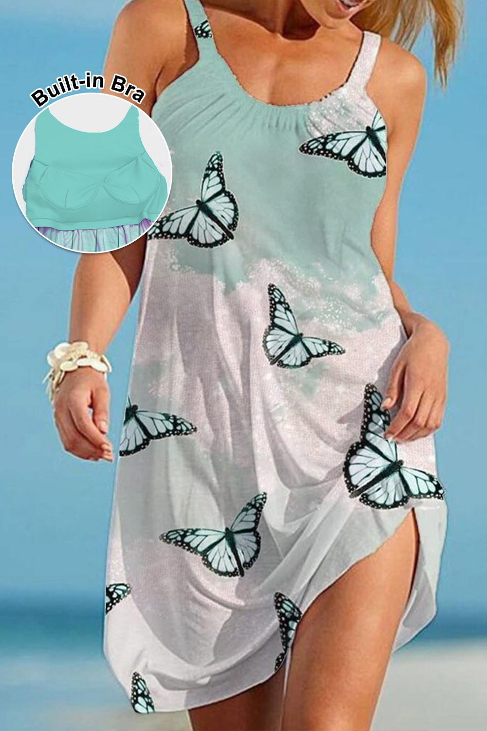 Flycurvy Plus Size Casual Mint Green Ombre Butterfly Print Sleeveless Midi Dress With Built In Bra 2024 - Flycurvy 