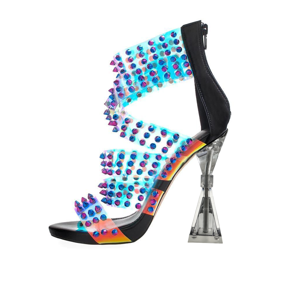 Embellishment Clear Open Toe  4'' Decorative Heel Studded Sandals Nicepairs