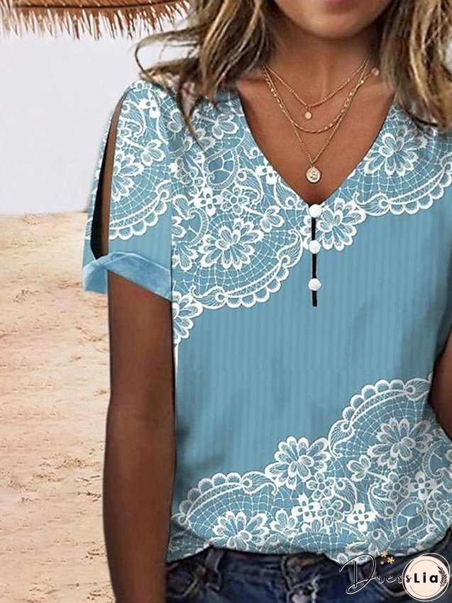 Women's T Shirt Tee White Blue Light Blue Floral Button Cut Out Short Sleeve Holiday Weekend Basic Round Neck Regular