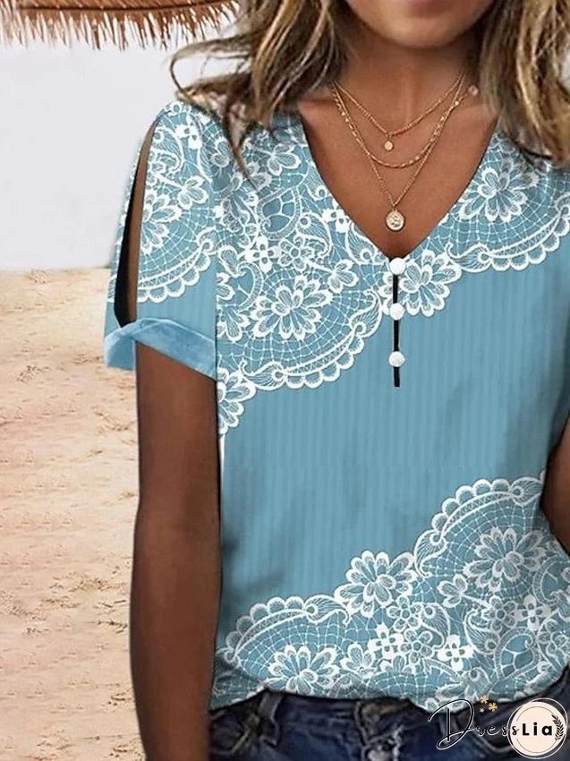 Women's T Shirt Tee White Blue Light Blue Floral Button Cut Out Short Sleeve Holiday Weekend Basic Round Neck Regular