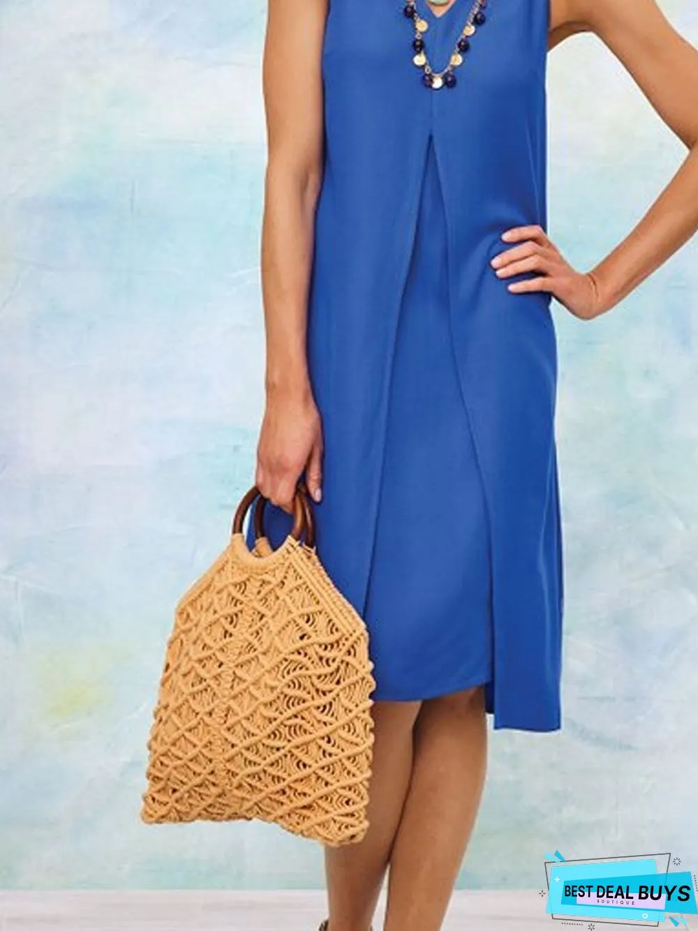 Sleeveless Patchwork V Neck Cotton-Blend Weaving Dress