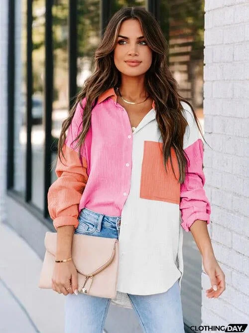 Color Block Button Up Collared Neck Shirt