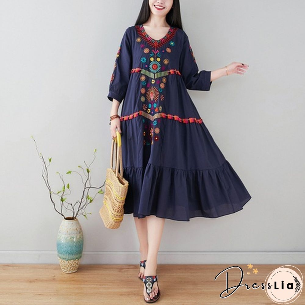 Women Dress Midi Linen Ethnic Floral Embroidery Tunic Beach Boho Holiday Hippie