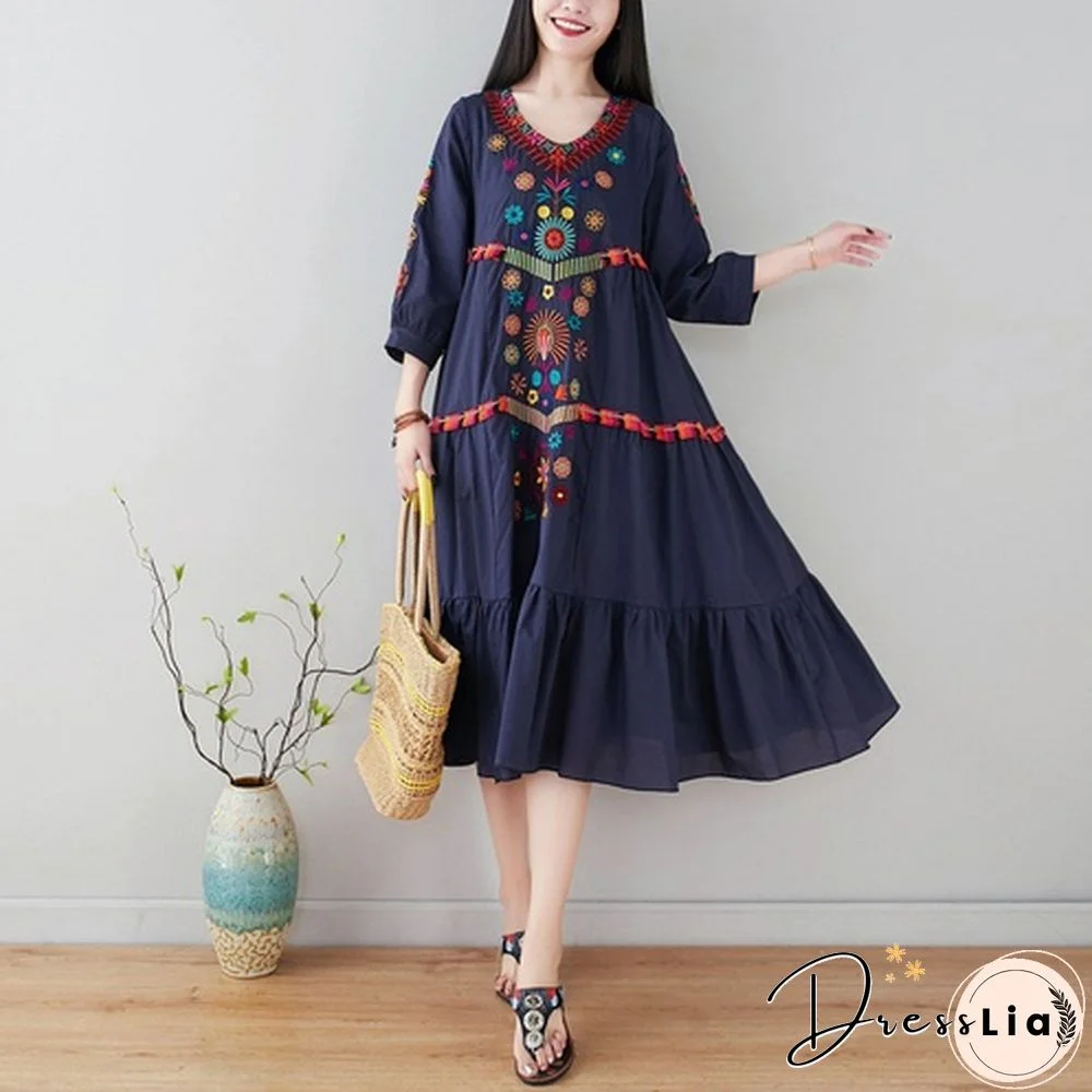 Women Dress Midi Linen Ethnic Floral Embroidery Tunic Beach Boho Holiday Hippie
