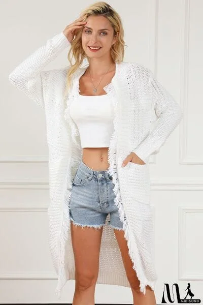 MidiSono - Fringe Pocketed Dropped Shoulder Cardigan