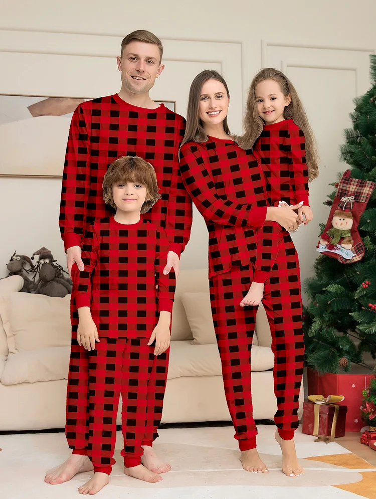 Plus Size Red and Black Plaid Christmas Family Matching Outfits VangoghDress