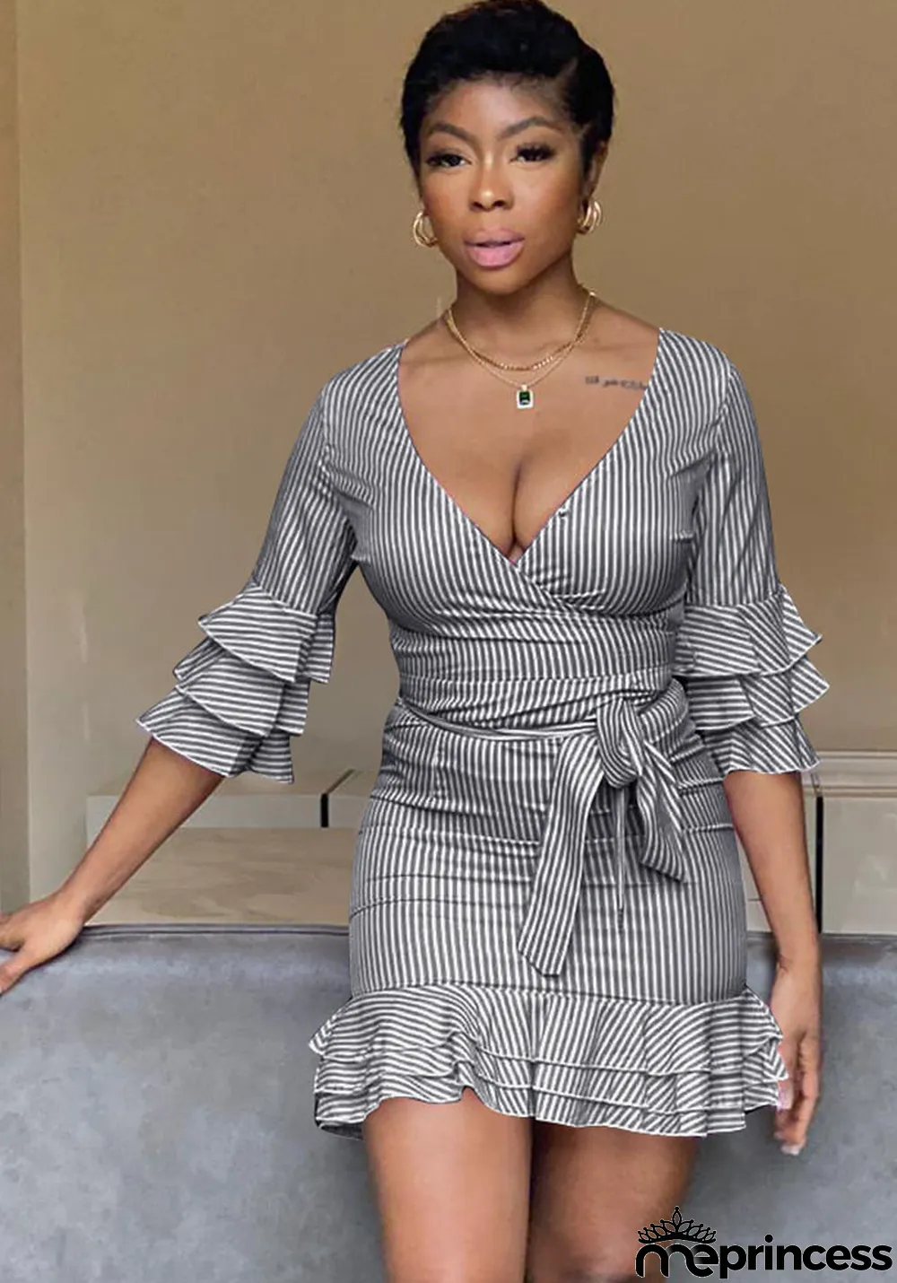 Women's Spring Summer Stripes Print V-Neck Ruffled Layer Casual Dress