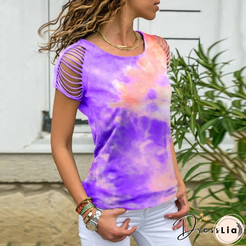 Women's Tie-dye, Hole-burning, Strapless Short-sleeved T-shirt