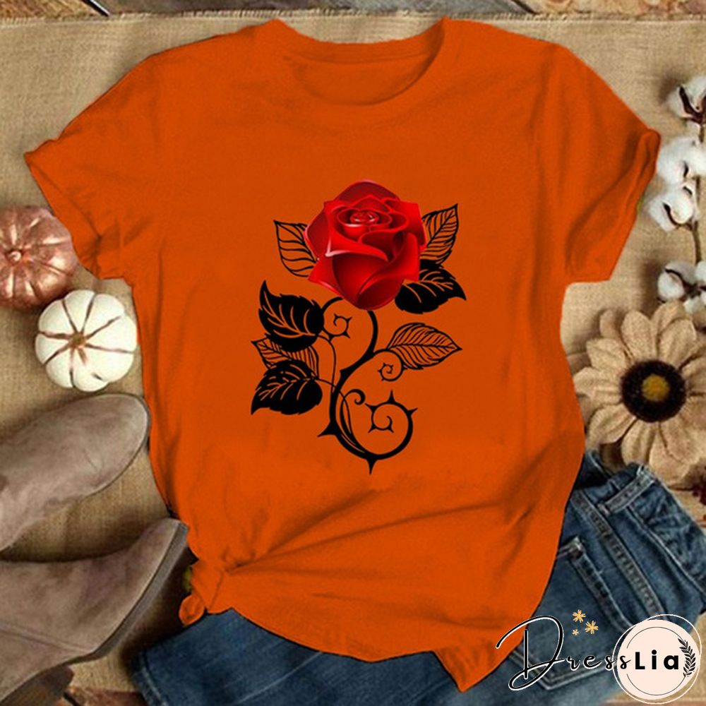 Girls and Women's Fashion Red Rose Printed T-Shirt Cute Graphic Tee Shirt Ladies Summer T-shirts Casual Plus Size Tops Flower T Shirts