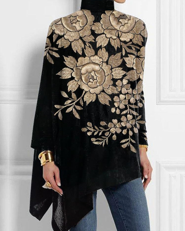 Embroidered Golden Rose Print Half Turtleneck Hem Top