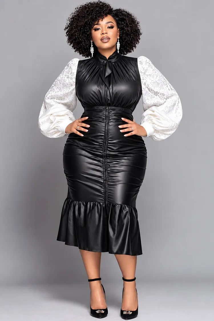 Xpluswear Design Plus Size Cocktail Party Lace Black Bow Tie Lantern Sleeve Long Sleeve Ruffle Fold PU Leather Midi Dresses [Pre-Order] 2024 - Xpluswear