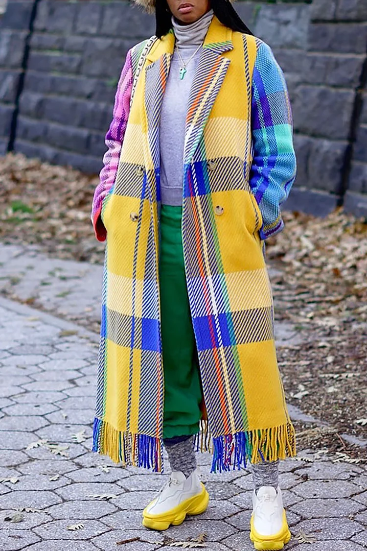Plus Size Daily Coat Yellow Check Tassels  Coat With Pocket