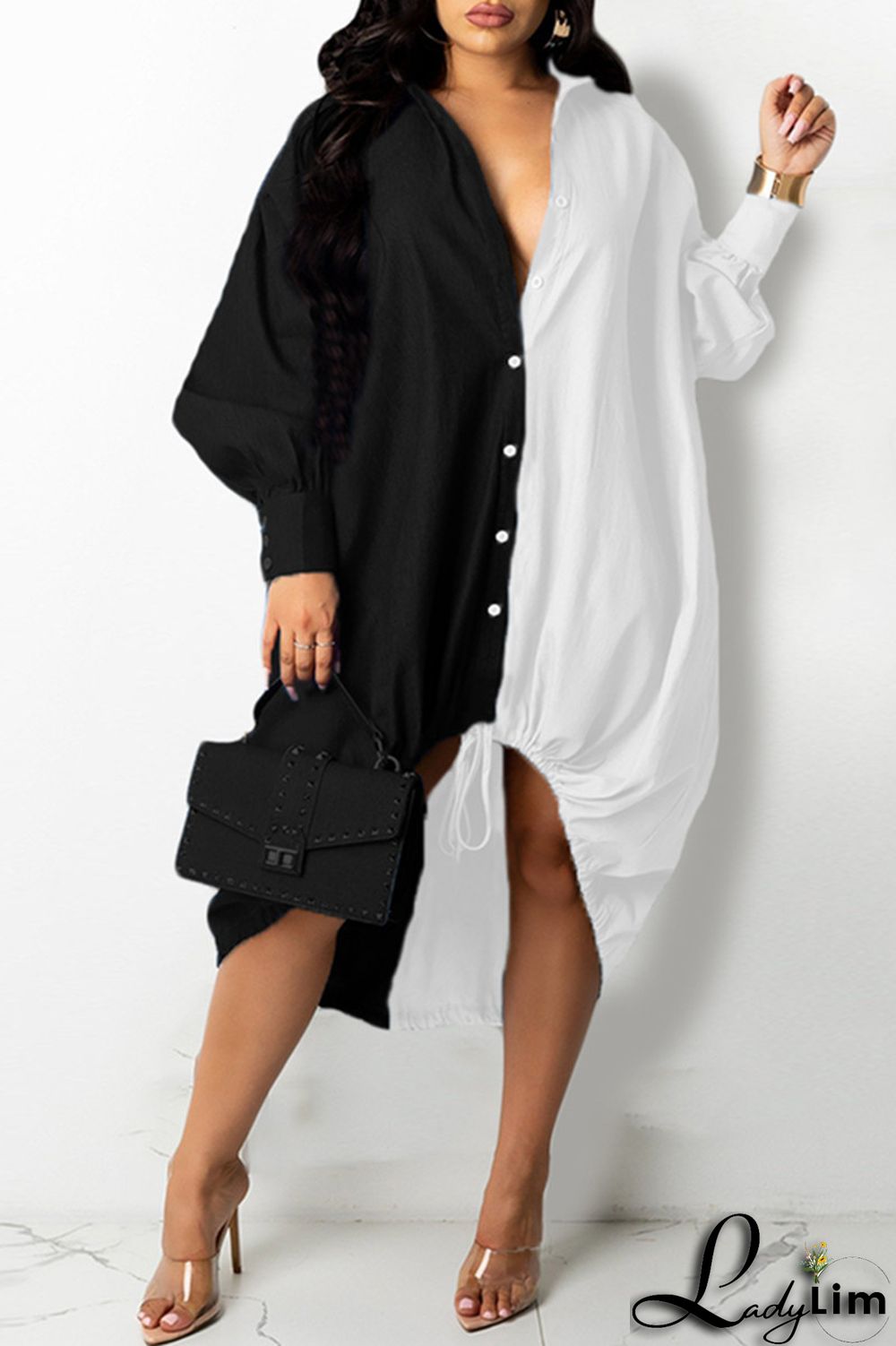 Black Fashion Casual Plus Size Solid Split Joint Asymmetrical Turndown Collar Shirt Dress
