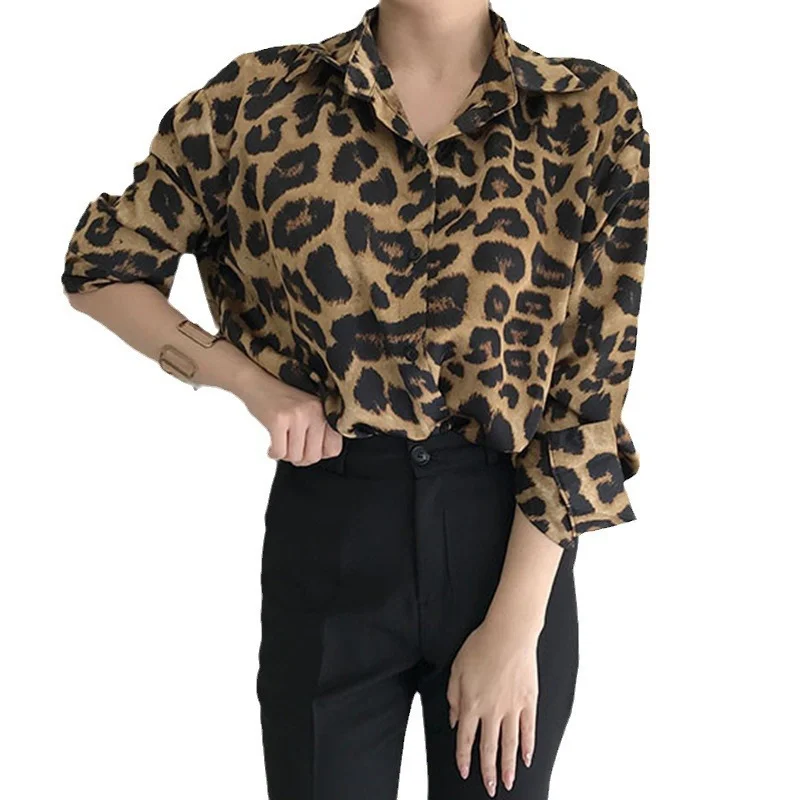 Athvotar Athvotar Chic Autumn Vintage Leopard Print Collar Single Buckle Loose Leisure Long-Sleeved Shirt Topess
