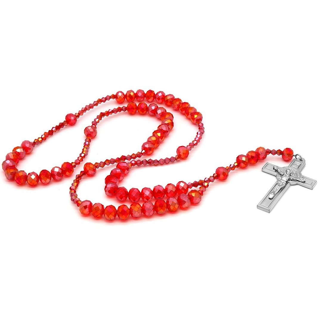 Light Red Crystal Line Rosary With Cross Pendant-VESSFUL