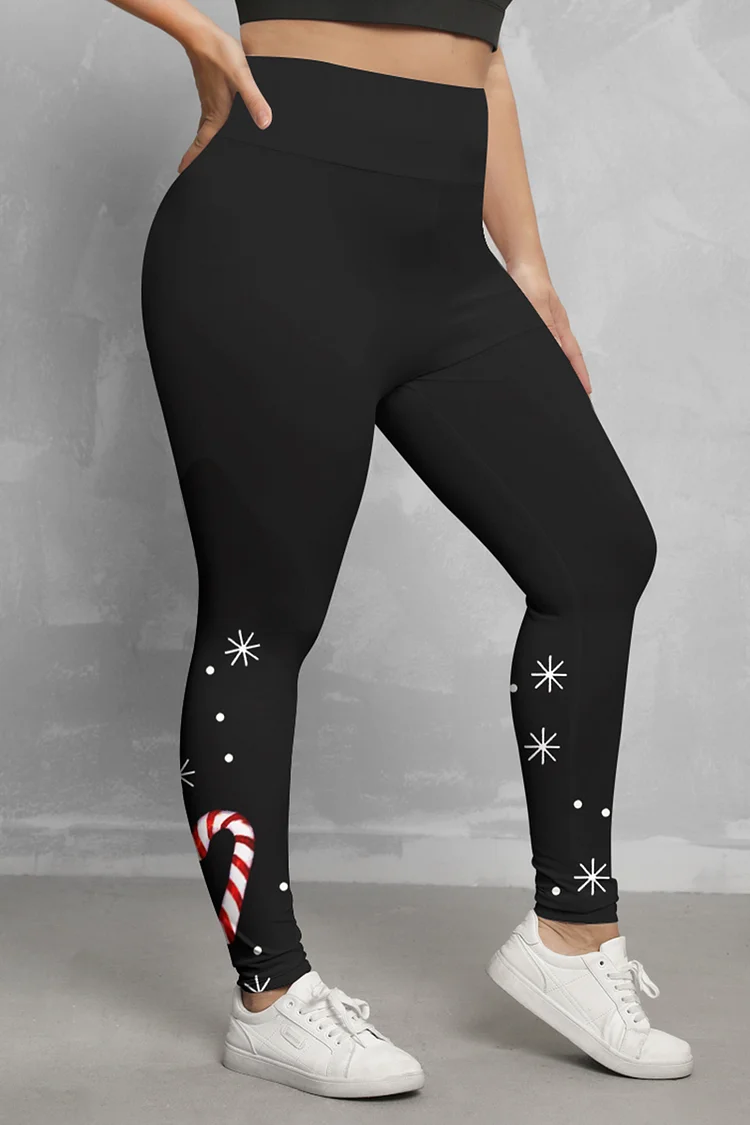 Flycurvy Plus Size Christmas Casual Black Santa Claus Snowflake Print Legging  Flycurvy [product_label]