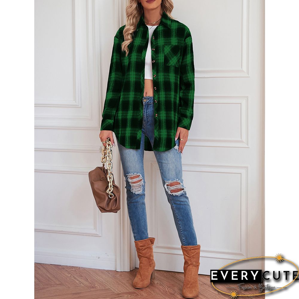 Green Plaid Print Loose Style Lightweight Shirt Jacket