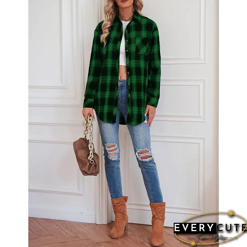 Green Plaid Print Loose Style Lightweight Shirt Jacket
