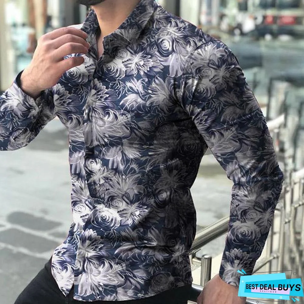 Men Casual Fashion Printed Long Sleeve Turndown Collar Shirts