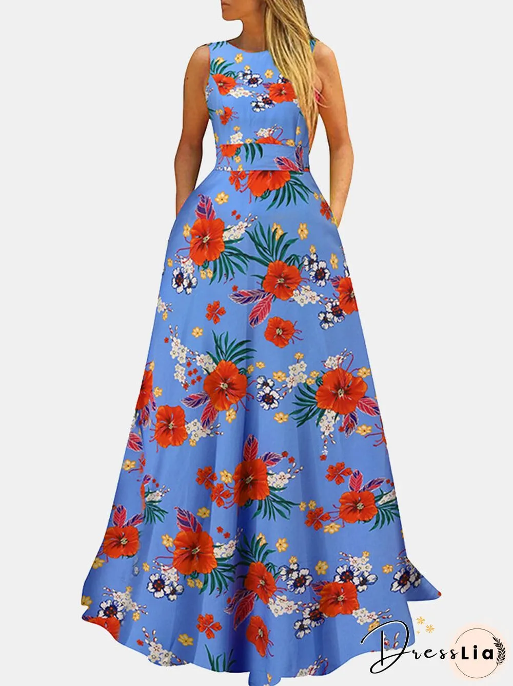 Flower Print A-line Pocket Sleeveless Swing Maxi Dress