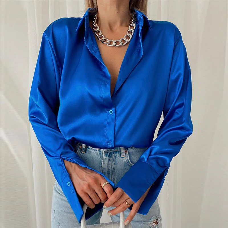 Back to school  Women 2022 Elegant Satin Solid Long Sleeve Blouses Female Chic Vintage Blue Green Casual Loose Buttons Shirts Oversize Top Tunic