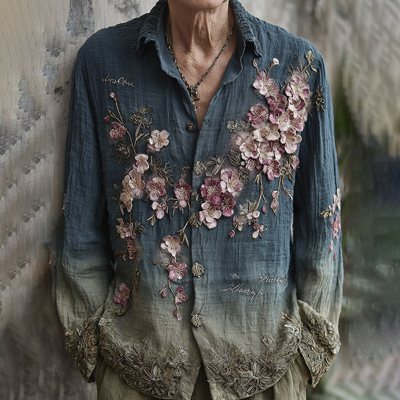 Men's Vintage Japanese Sakura Embroidered Art Linen Shirt  artssus