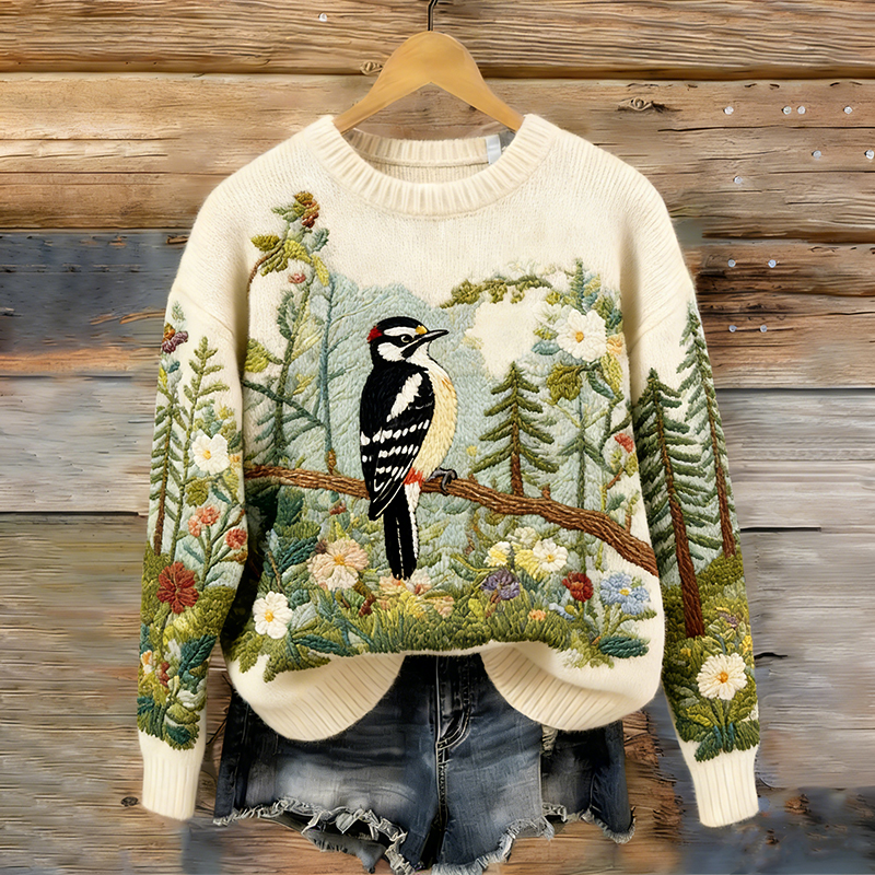 Women's Bird And Flower Forest Pattern Comfortable Knit Sweater wearshes