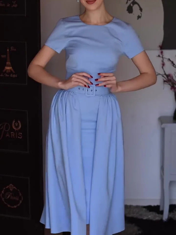 Light Blue Elegant Short-sleeved Belt Dress Two-piece Set