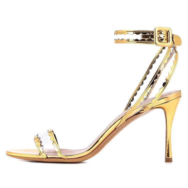 Gold Clear PVC Ankle Strap Heels Sandals |FSJ Shoes