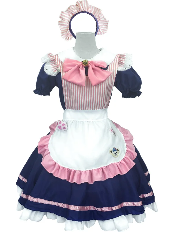 Lolita Bubble Sleeve Color-block Peter Pan Collar Bowknot Ruffled Mini Maid Dress