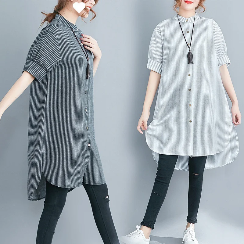 Brownm Brownm Summer New Cotton Lint Style Loose Large-Size Striped Shirt Women Long-Term Collar Shirt