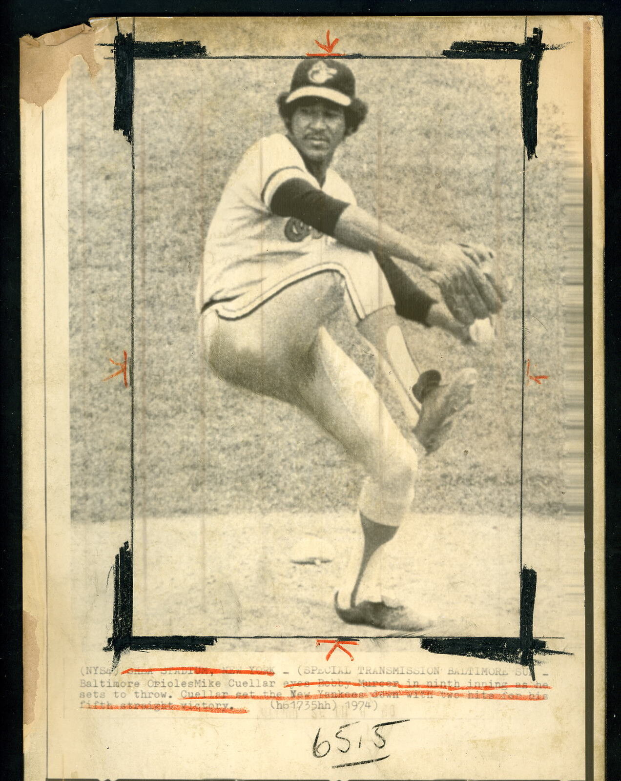 Baltimore Orioles LOT OF SIX Press Wire Photo Poster paintings Cuellar Palmer Doyle Alexander