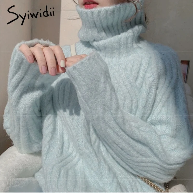 Syiwidii Blue Turtleneck Woman Sweaters Autumn Winter 2021 Fashion Pullovers Raglan Sleeve Knitted Tops Pink White Casual Jumper