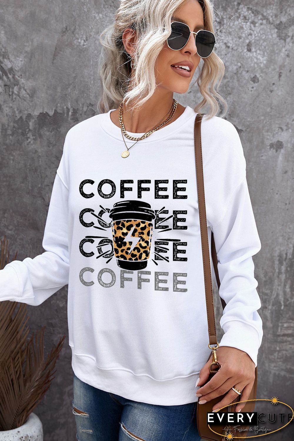 White COFFEE Figure Print Long Sleeve Sweatshirt