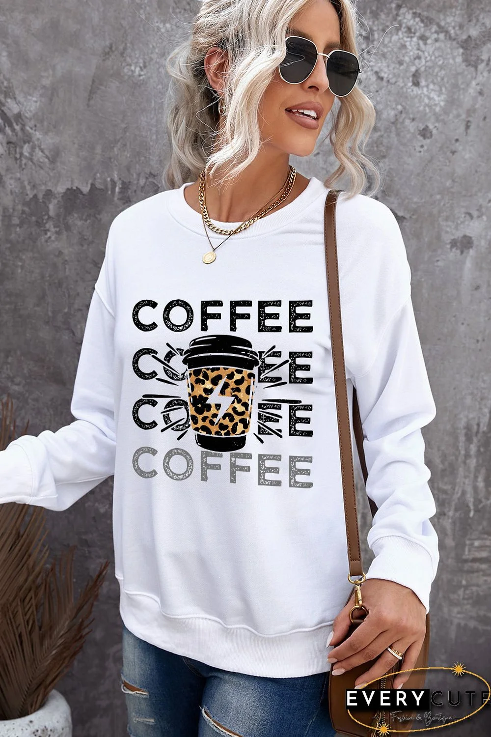 White COFFEE Figure Print Long Sleeve Sweatshirt
