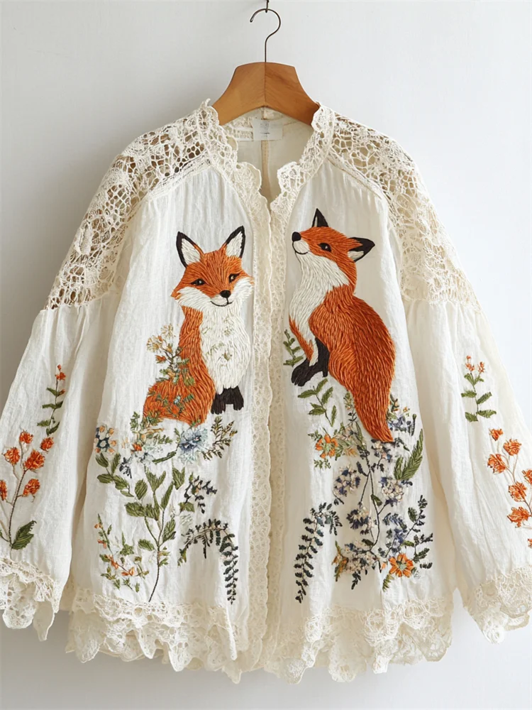 Lunivibe Fox Floral Embroidered Hollow Lace Patchwork Blouse