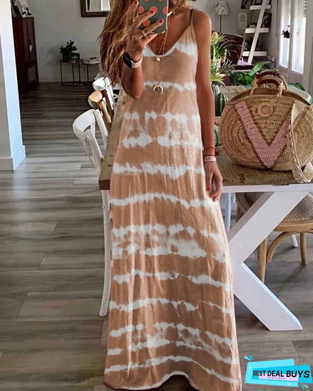 Women's Strap Dress Maxi Long Dress - Sleeveless Tie Dye Summer Hot Casual Beach Blue Purple Blushing Pink Wine Khaki Gray Light Blue