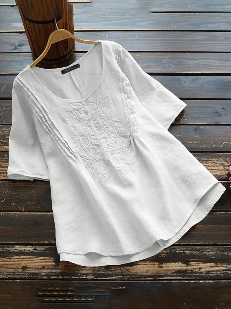 Casual Embroidered O neck Short Sleeve Cotton Blouse P1743756